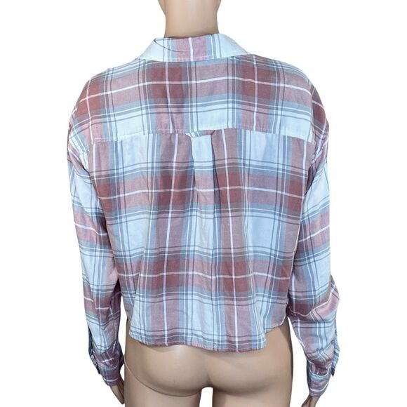 American Eagle Cropped Plaid Flannel Womens Size Small Button Up Pink White - Picture 4 of 7